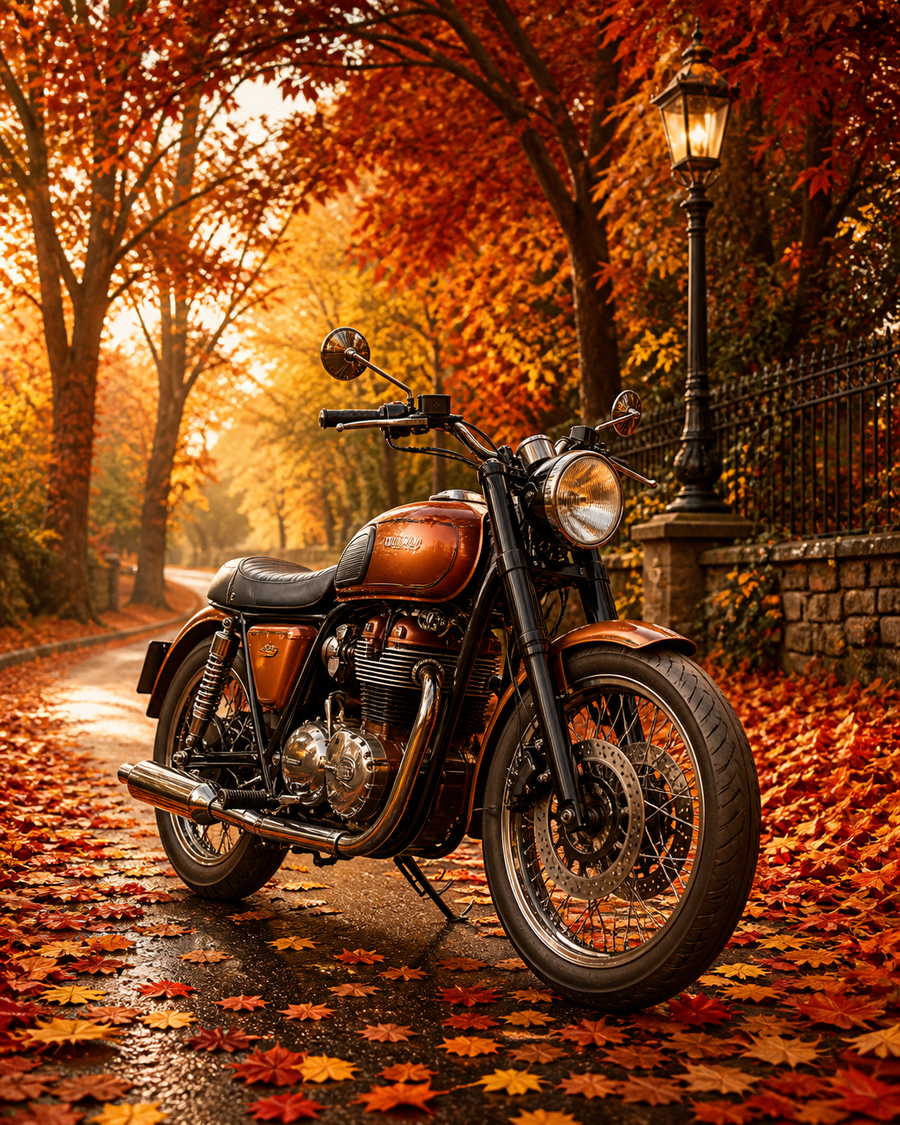 Diamond Painting Motor op de Herfstlaan – een merkloze klassieke motor op een laan vol rode en gouden herfstbladeren