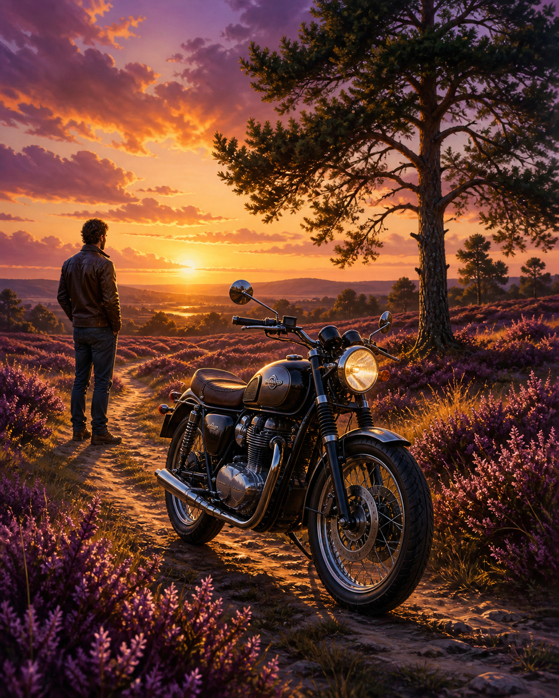 Diamond Painting Motor op de Paarse Heide – een klassieke merkloze motor op een smal pad door bloeiende paarse heide bij avondlicht