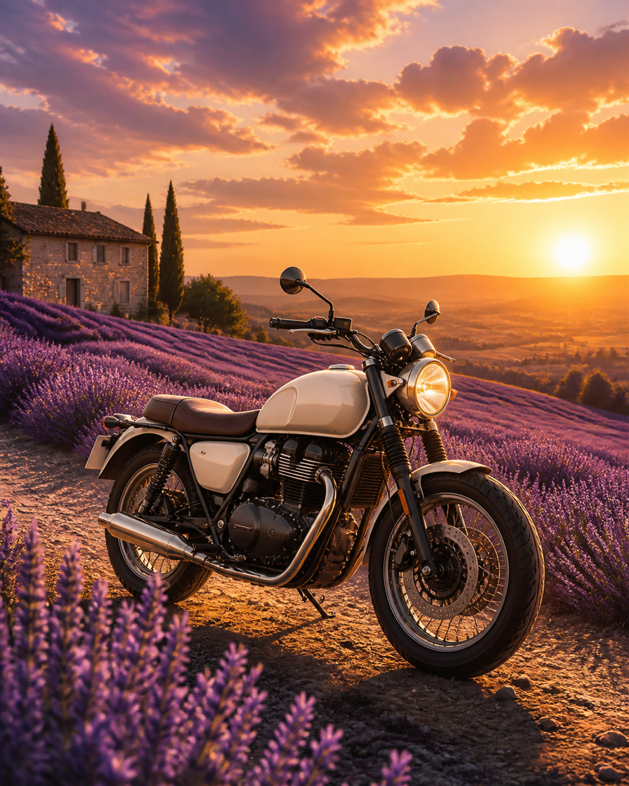 Diamond Painting Motor tussen de Lavendel – een lichte merkloze motor langs een veld met paarse lavendel en lage avondzon
