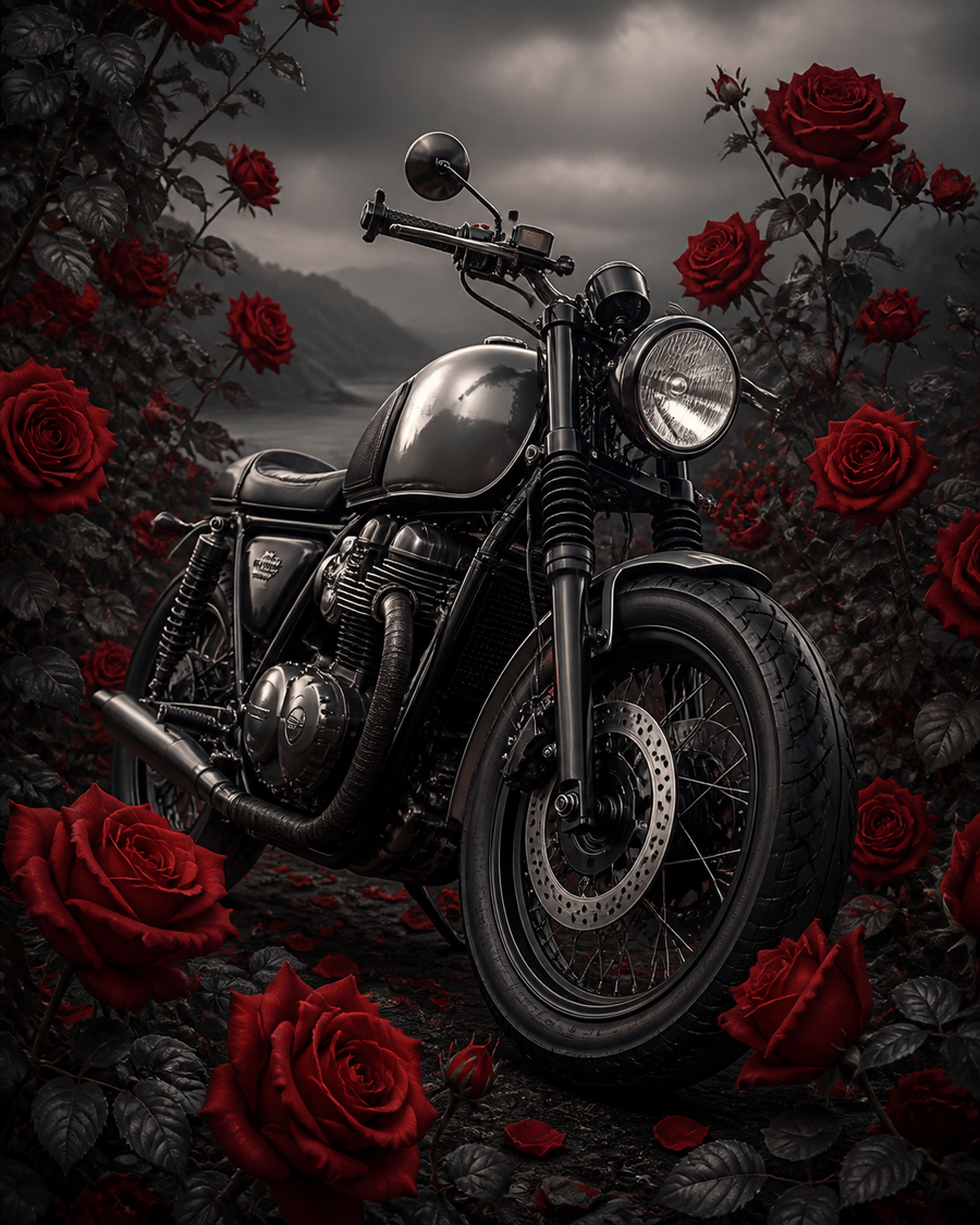 Diamond Painting Motorblok met Rode Rozen – een klassieke merkloze motor omringd door rode rozen en donkere bladeren