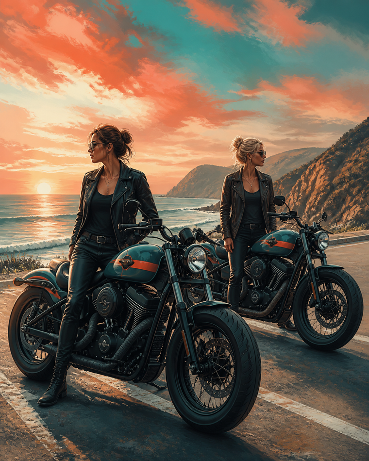 Diamond Painting Motorrijdsters aan de Kust – twee volwassen motorrijdsters naast twee merkloze motoren op een open kustweg