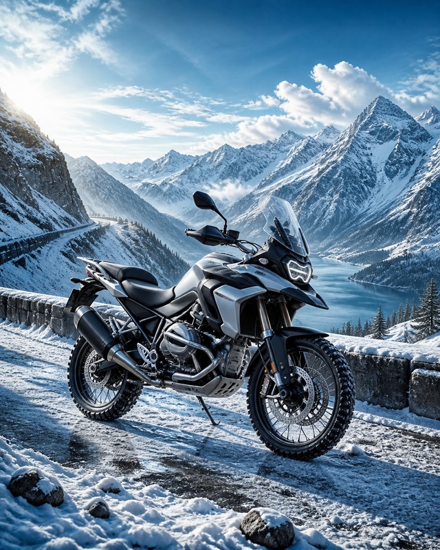 Diamond Painting Motorrit door de Sneeuw – een merkloze avonturenmotor stilstaand langs een besneeuwde bergweg met heldere winterlucht