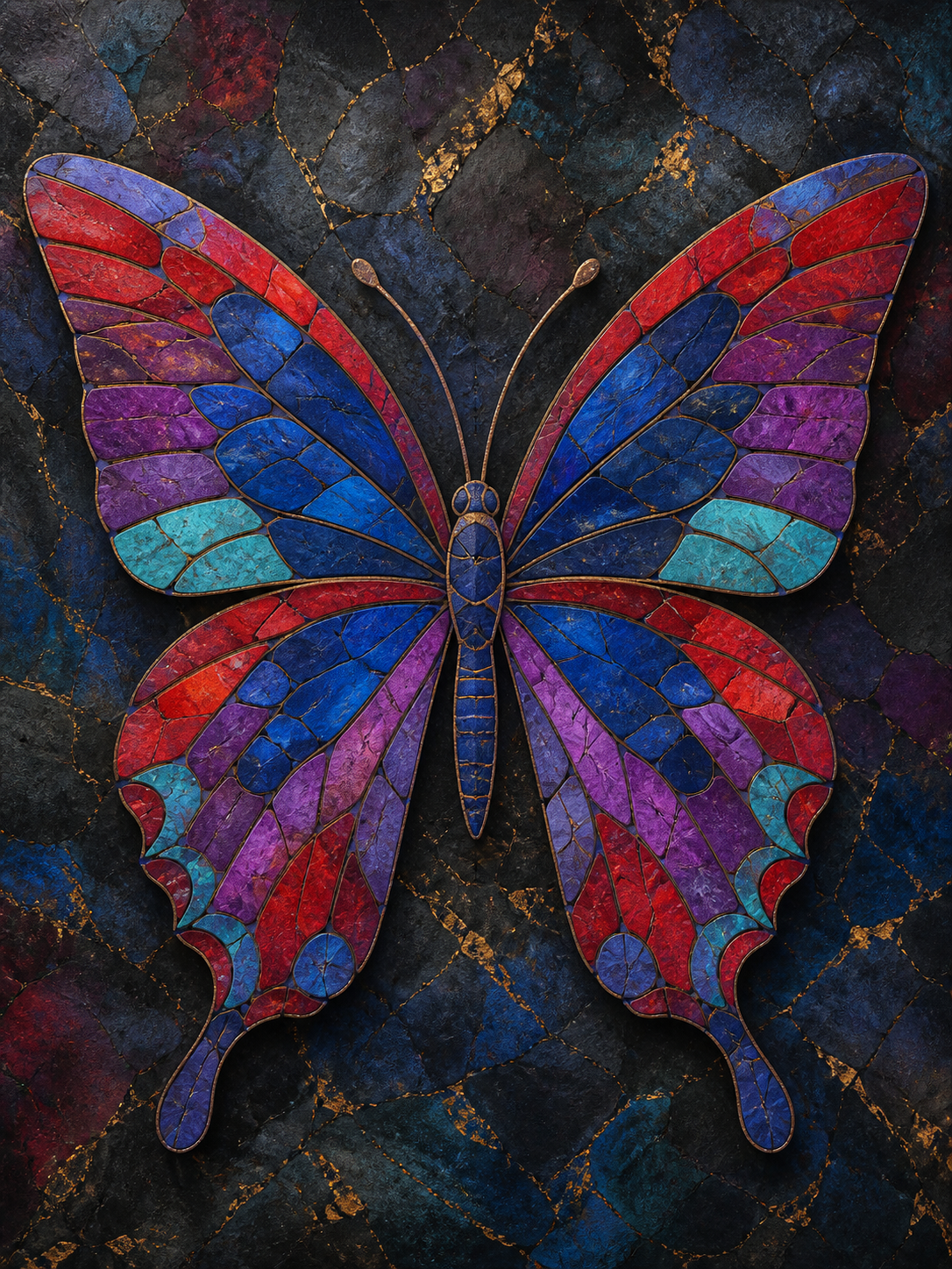 Diamond painting ontwerp met mozaïekvlinder in juweelkleuren