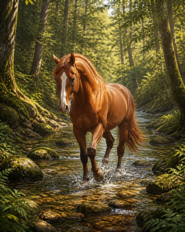 Diamond Painting Paard bij de Bosbeek – een kastanjebruin paard bij een groene bosbeek