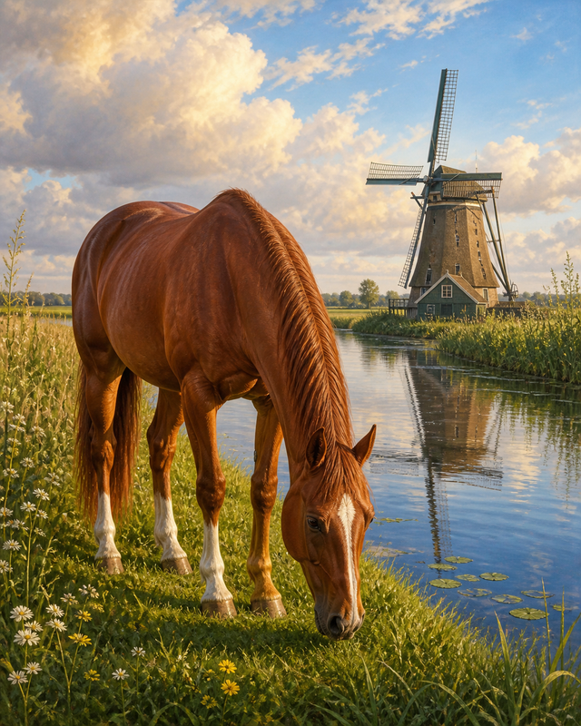 Diamond Painting Paard bij de Hollandse Molen – een kastanjebruin paard bij een Hollandse molen en kanaal