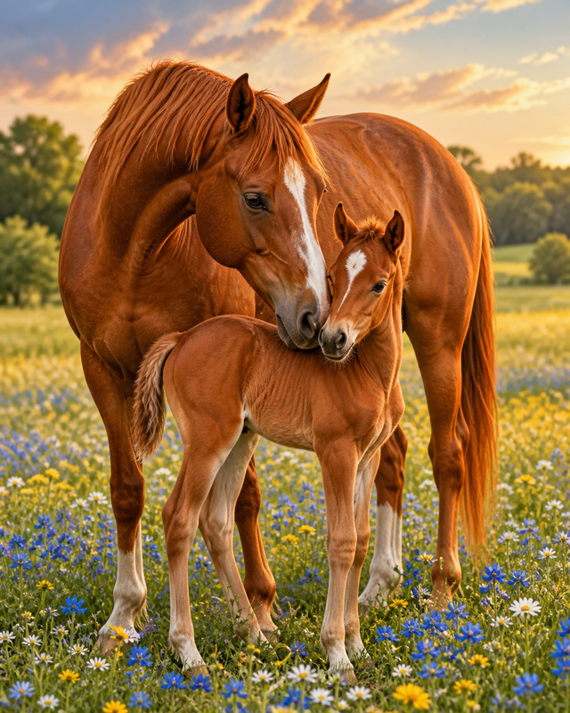 Diamond Painting Paard met Veulen in de Bloemenweide – een kastanjebruine merrie met haar veulen in een bloemenweide