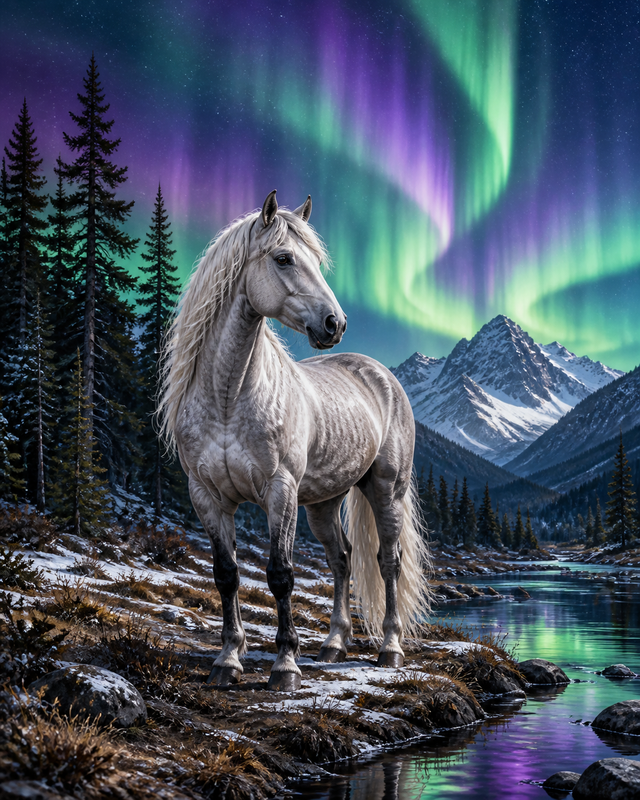 Diamond Painting Paard onder het Noorderlicht – een zilvergrijs paard onder groen-paars noorderlicht