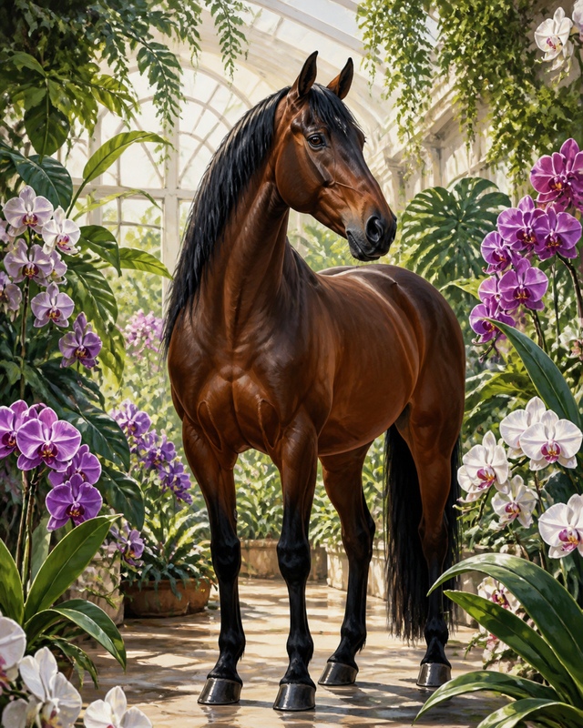 Diamond Painting Paard in de Orchideeëntuin – een donkerbruin paard tussen orchideeën en groene bladeren