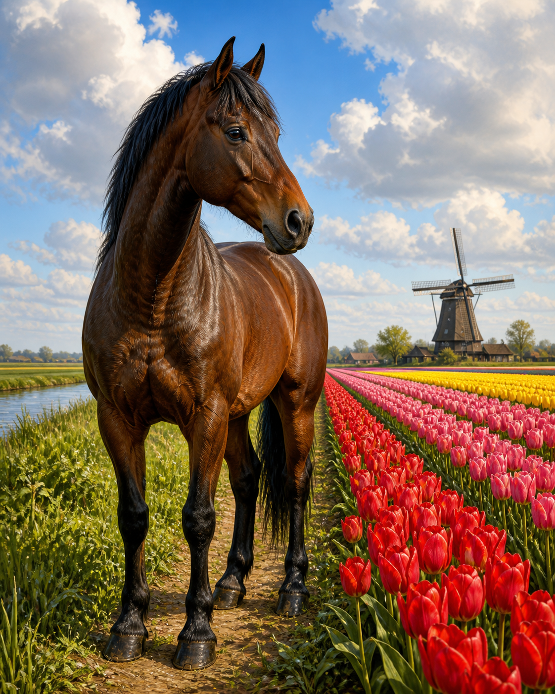 Diamond Painting Paard tussen de Tulpen – een donkerbruin paard naast kleurrijke tulpenvelden