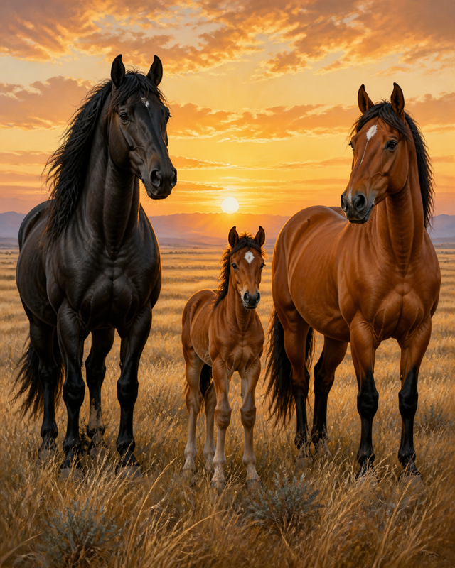 Diamond Painting Paardenfamilie bij Zonsopkomst – een paardenfamilie samen bij zonsopkomst