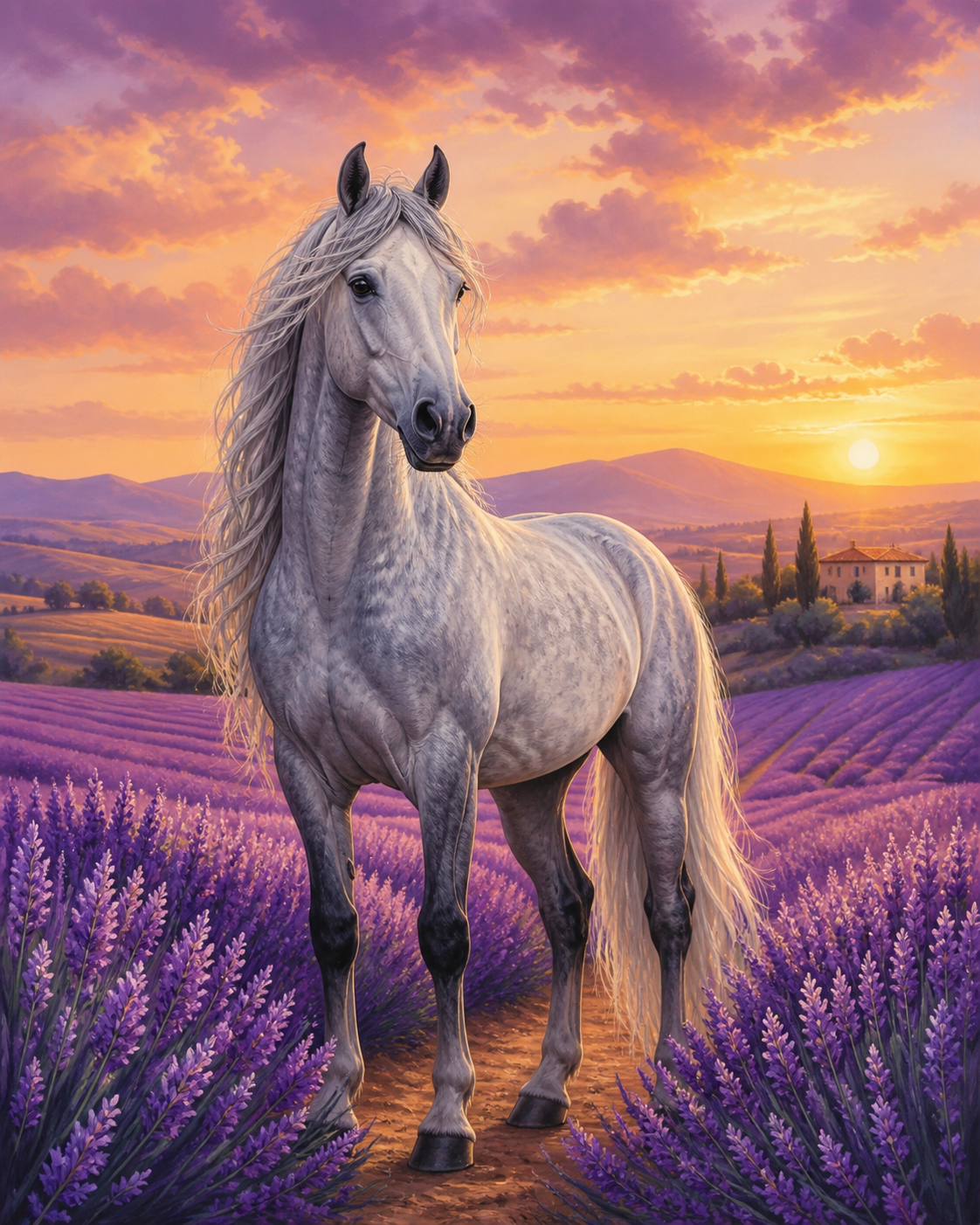 Diamond Painting Paardenportret in Lavendel – een grijs paardenportret boven een lavendelveld