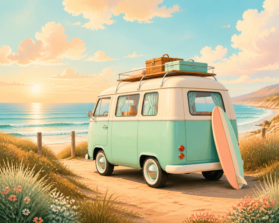 Diamond painting ontwerp met pastelbusje aan zee