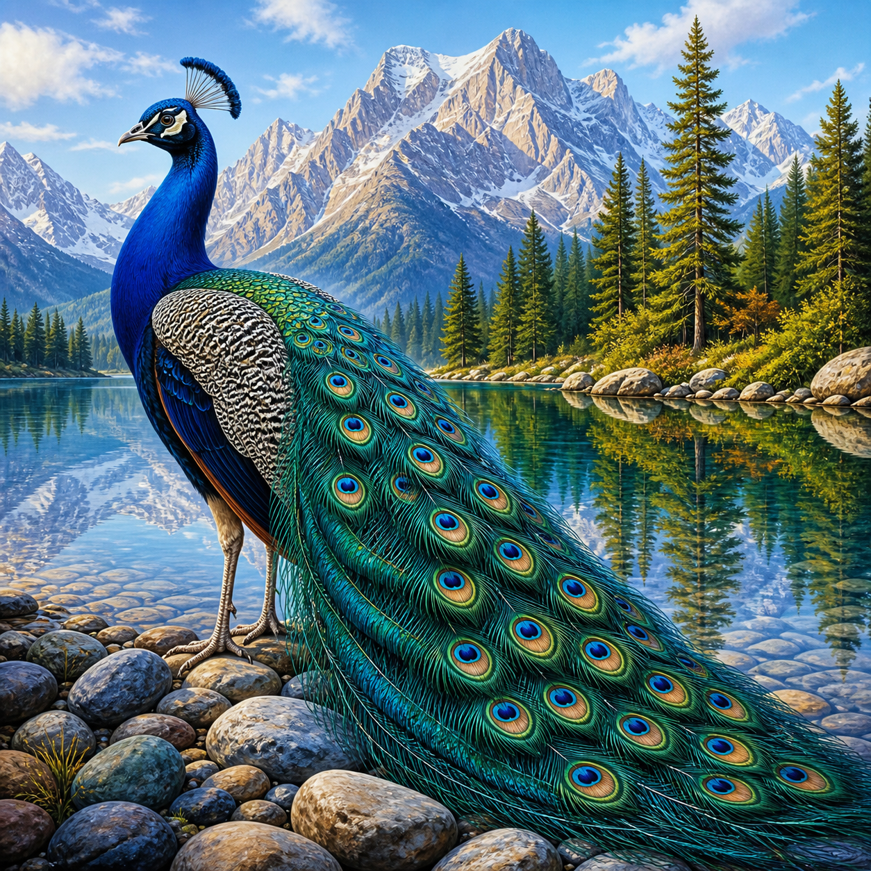 Diamond Painting Pauw aan het Bergmeer – een blauwe pauw aan een helder bergmeer