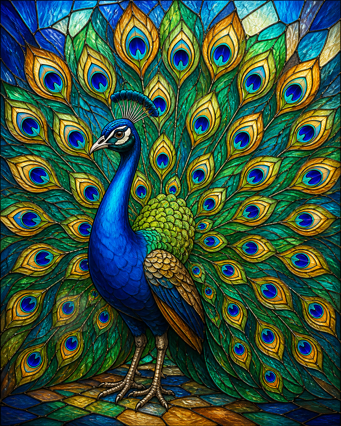 Diamond Painting Pauw in Glas-in-loodstijl – een pauw in een heldere glas-in-loodstijl