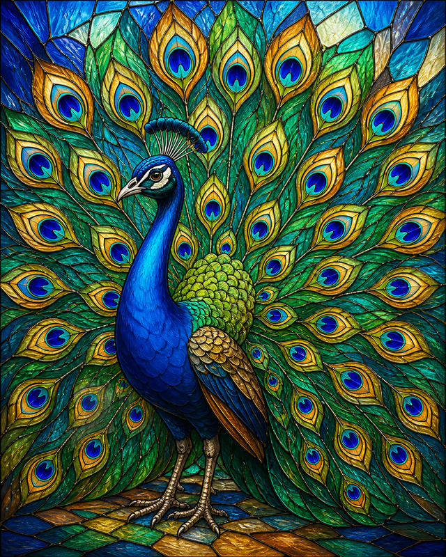 Diamond Painting Pauw in Glas-in-loodstijl – een pauw in een heldere glas-in-loodstijl