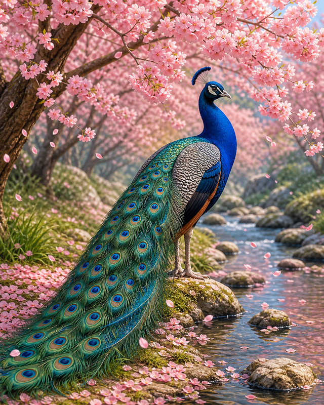 Diamond Painting Pauw onder Kersenbloesem – een blauwe pauw onder roze kersenbloesem