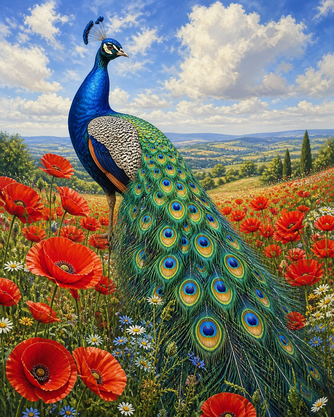 Diamond Painting Pauw met Klaprozen – een blauwe pauw tussen rode klaprozen