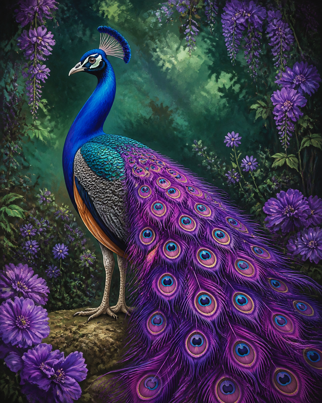 Diamond Painting Pauw met Paarse Veren – een pauw met paarse en amethistkleurige veren