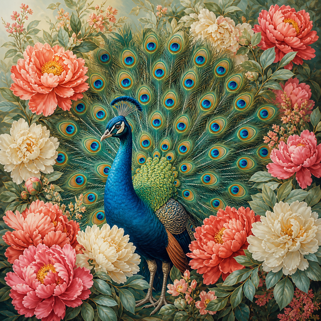Diamond Painting Pauw in de Pioenrozentuin – een pauw in een volle pioenrozentuin