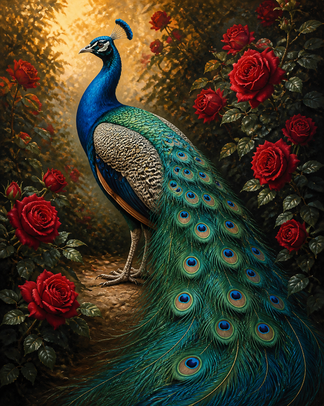 Diamond Painting Pauw met Rode Rozen – een pauw tussen dieprode rozen