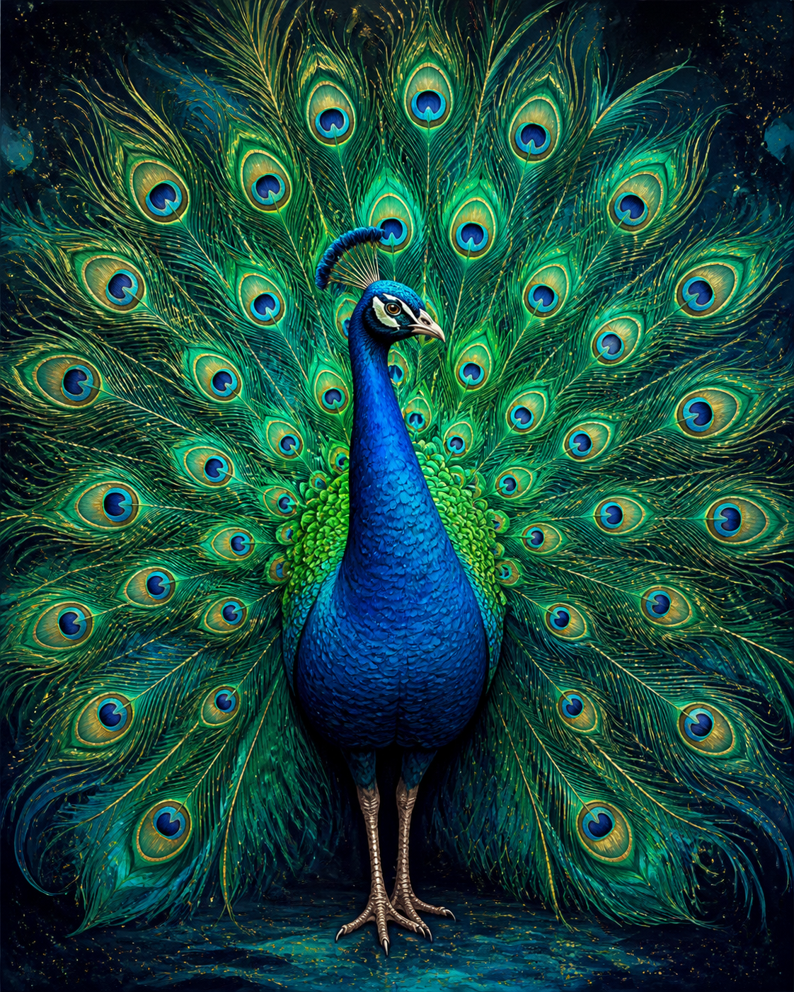 Diamond Painting Pauw in Smaragd en Saffier – een pauw in smaragdgroene en saffierblauwe tinten