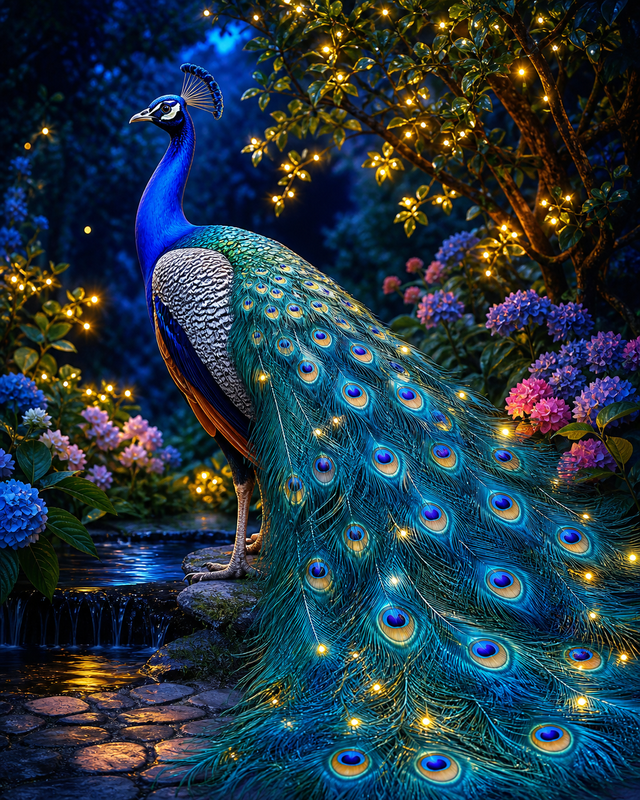 Diamond Painting Pauw in de Sterrentuin – een blauwe pauw in een sfeervolle sterrentuin
