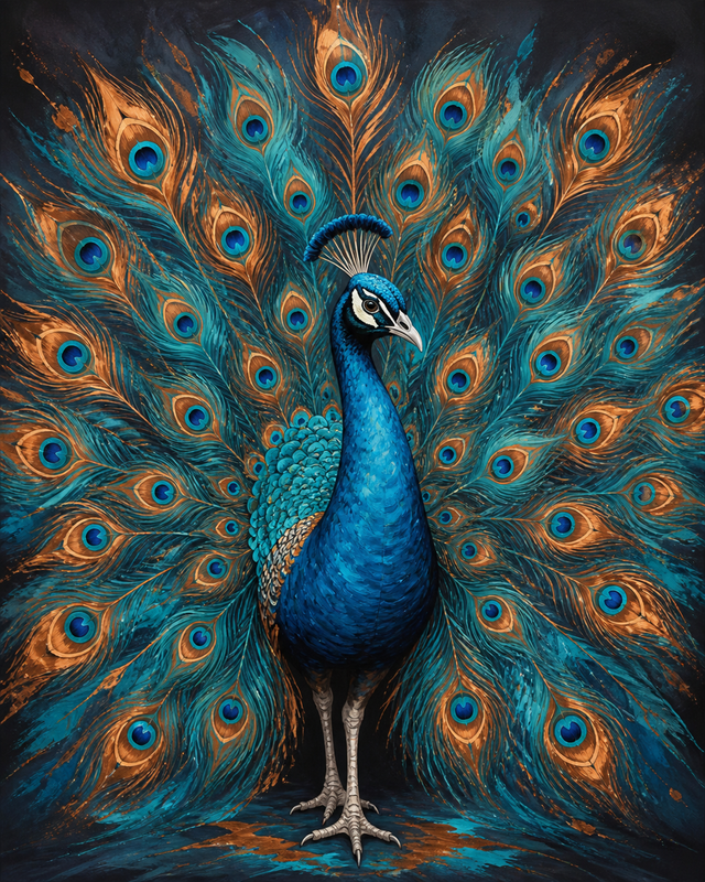Diamond Painting Pauw in Turquoise en Koper – een pauw in turquoise en warme kopertinten