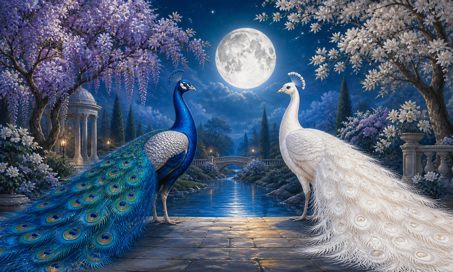 Diamond Painting Pauwen onder de Maan 5 Luik – een blauwe en witte pauw in een breed maanlandschap voor een 5-luik