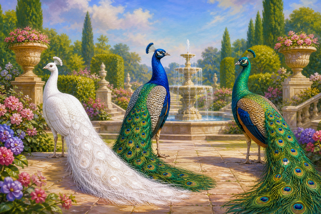 Diamond Painting Pauwenfamilie in de Paleistuin – drie pauwen in een sierlijke formele tuin