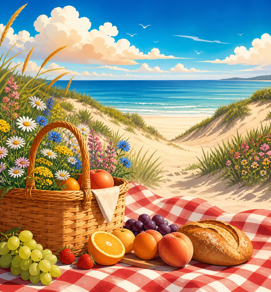 Diamond painting ontwerp met picknick bij de duinen