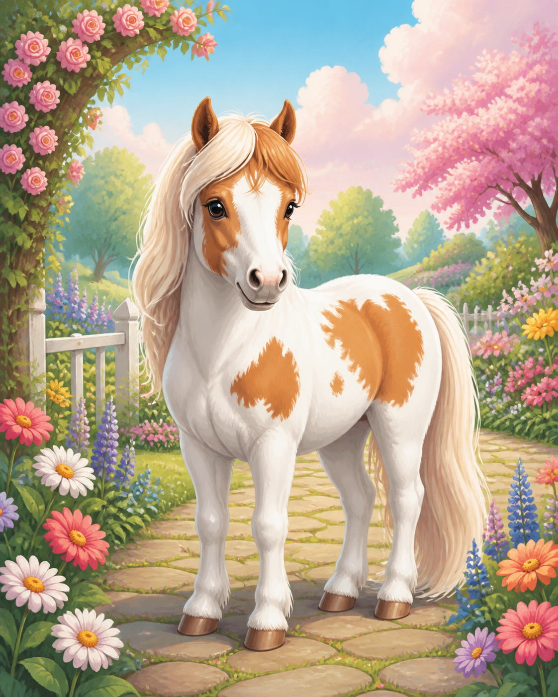 Diamond Painting Pony in een Pasteltuin – een wit-bruine pony in een zachte pasteltuin