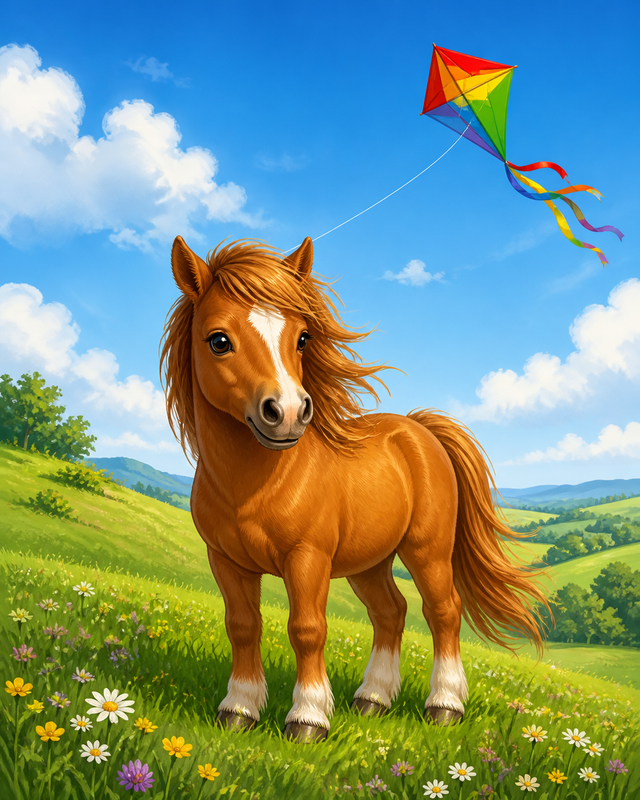 Diamond Painting Pony met Regenboogvlieger – een speelse pony met een kleurrijke vlieger in de lucht