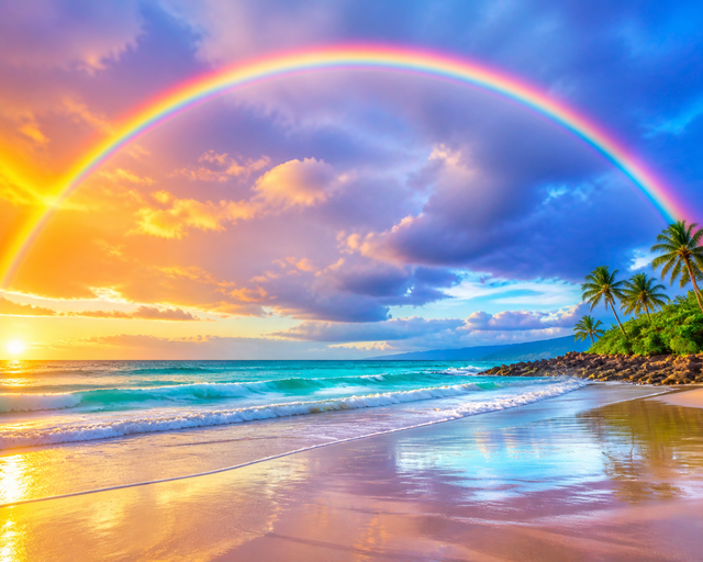 Diamond painting ontwerp met regenboog boven zee en strand