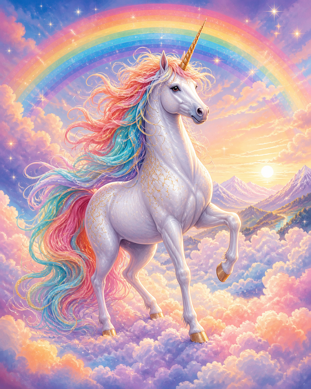 Diamond painting ontwerp met regenboogeenhoorn boven pastelwolken