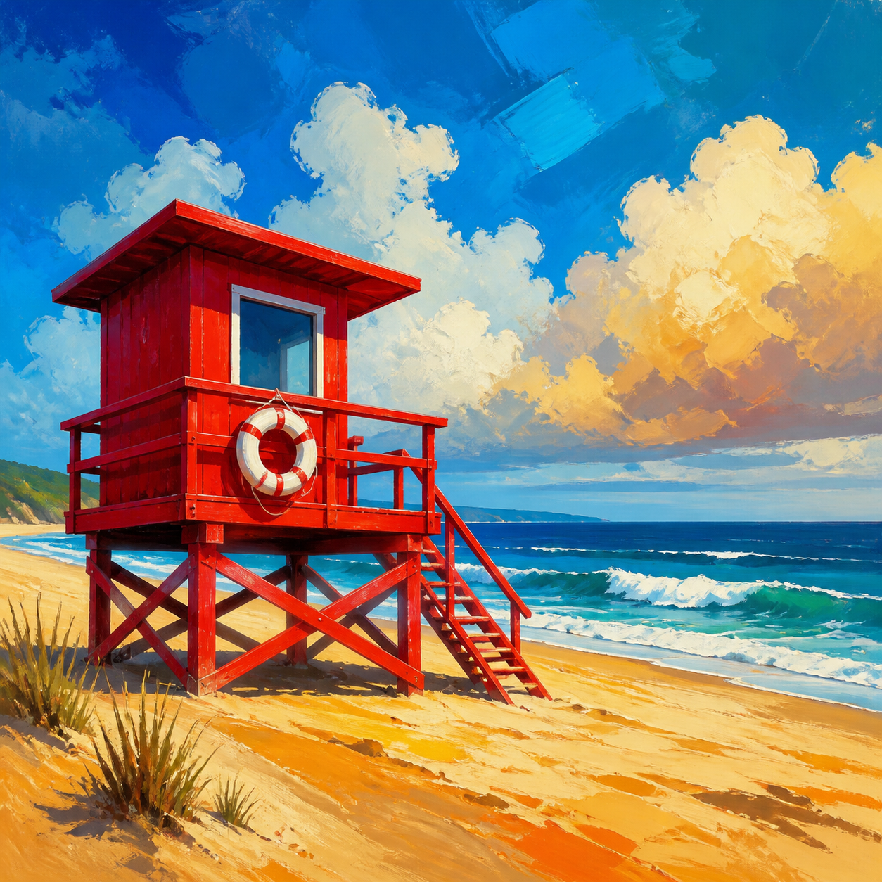 Diamond painting ontwerp met rode reddingspost aan zee
