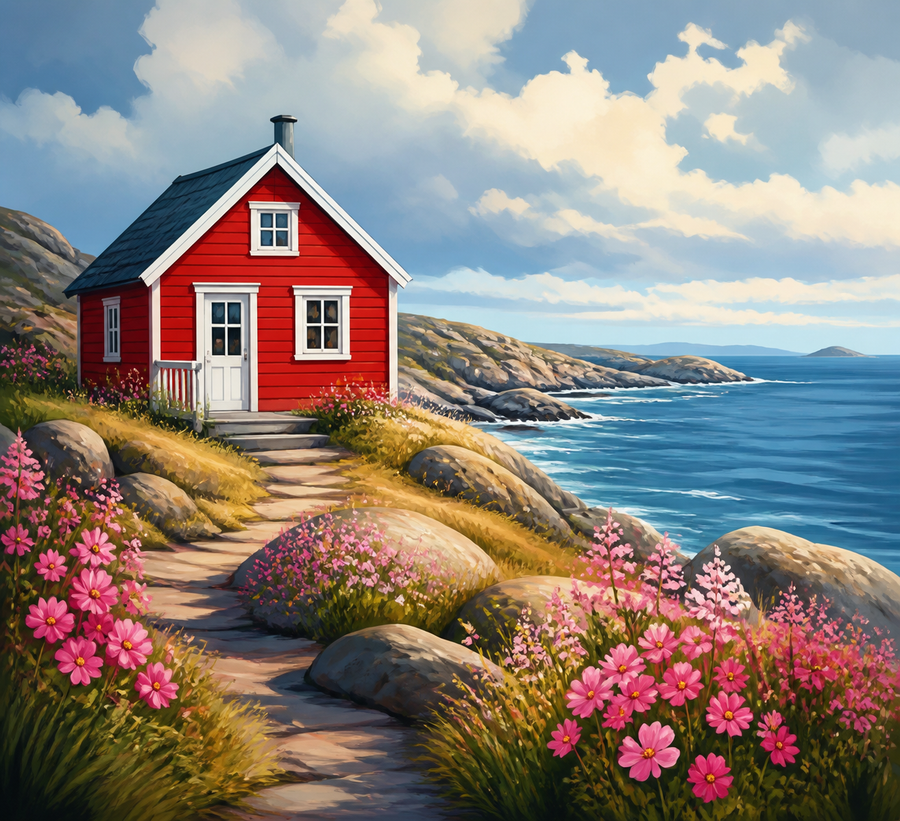 Diamond painting ontwerp met rood kusthuisje aan zee