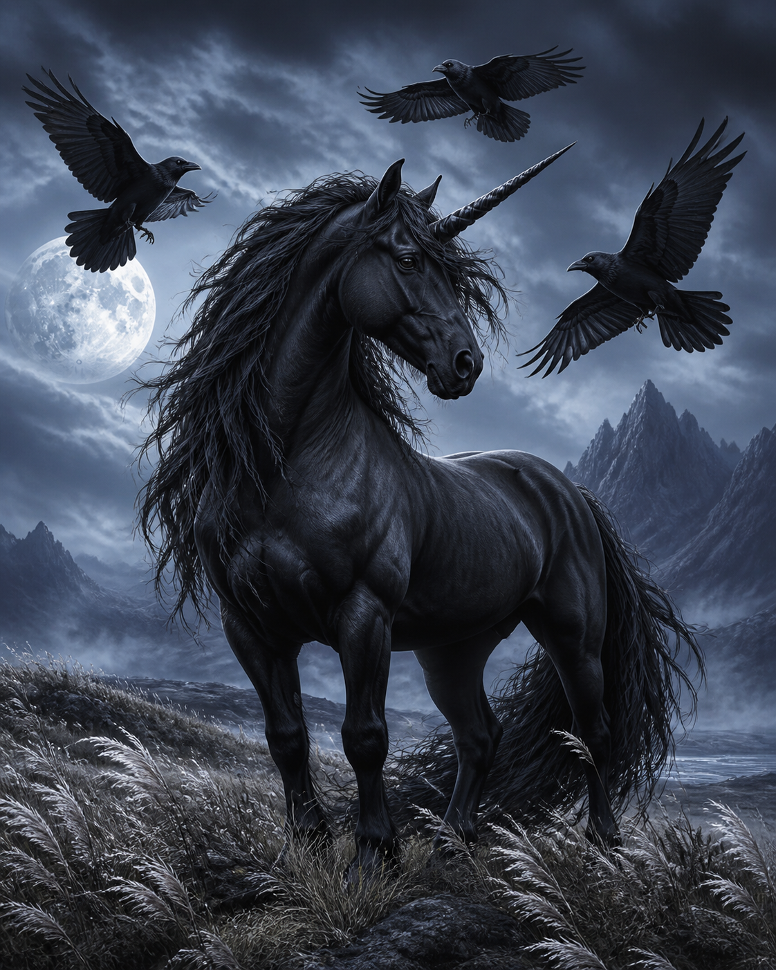 Diamond painting ontwerp met schaduweenhoorn met raven