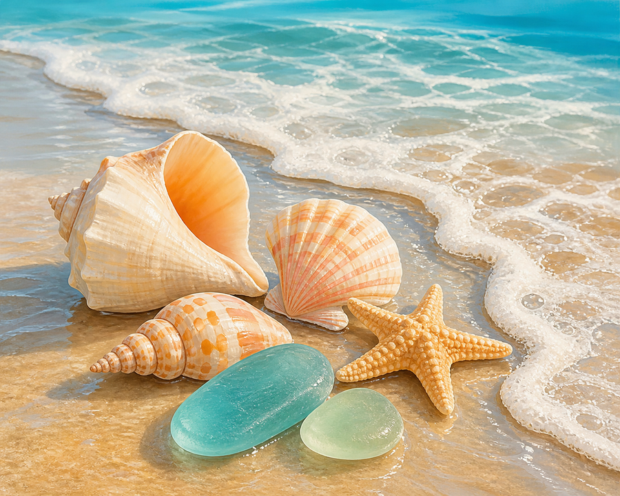 Diamond painting ontwerp met schelpen en zeeglas in de branding