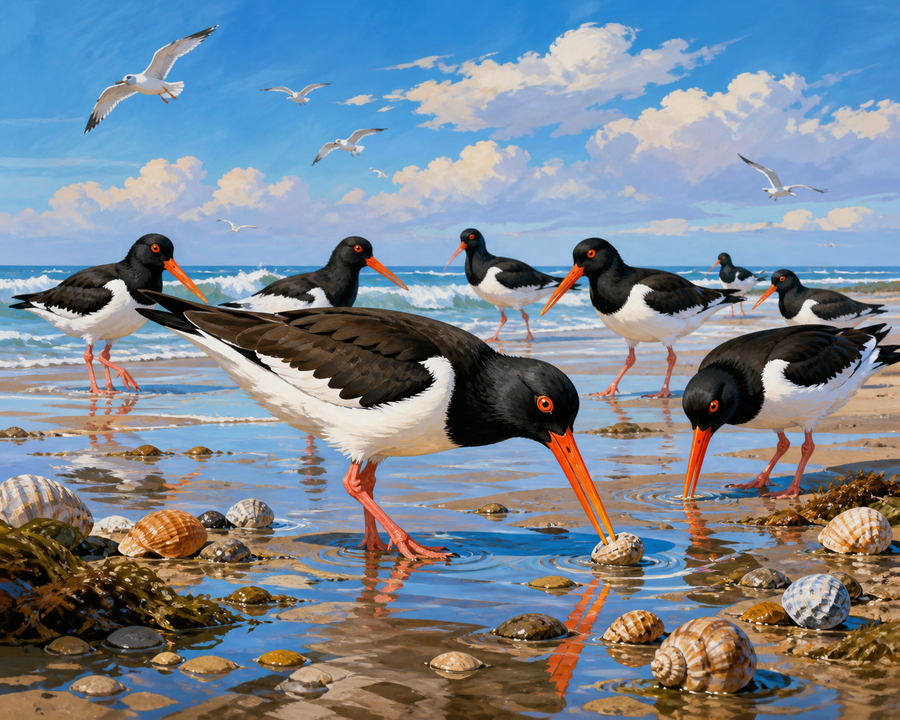 Diamond painting ontwerp met scholeksters langs de waterlijn