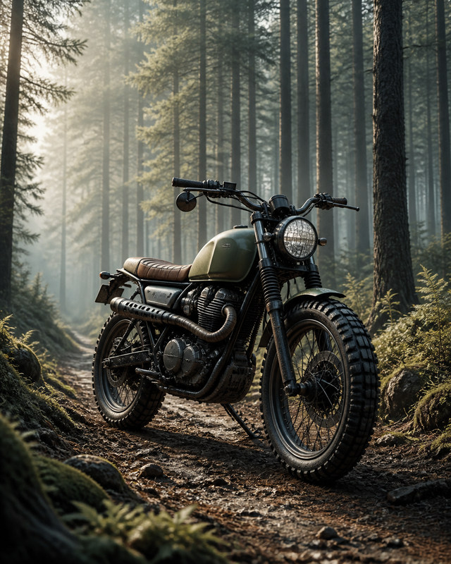 Diamond Painting Scrambler in het Dennenbos – een merkloze scrambler op een bospad tussen hoge dennen met zachte ochtendmist