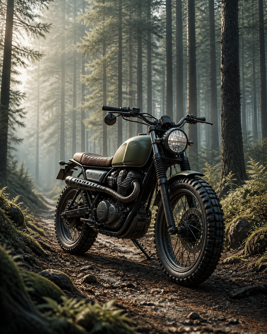 Diamond Painting Scrambler in het Dennenbos – een merkloze scrambler op een bospad tussen hoge dennen met zachte ochtendmist