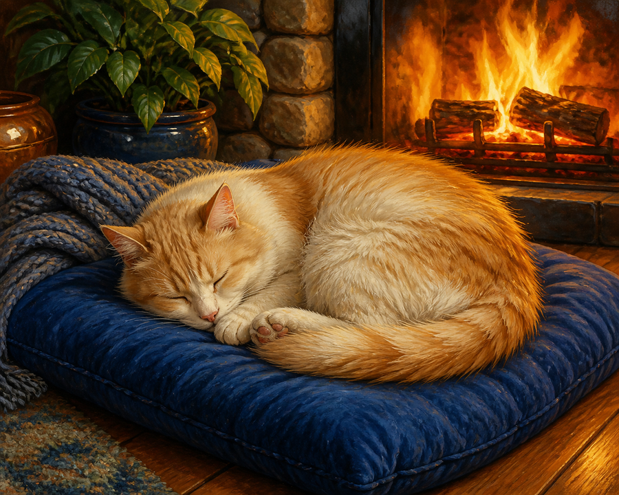 Diamond painting ontwerp met slapende poes bij het haardvuur