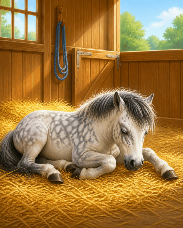 Diamond Painting Slapende Pony in het Stro – een kleine gevlekte pony die in het stro slaapt