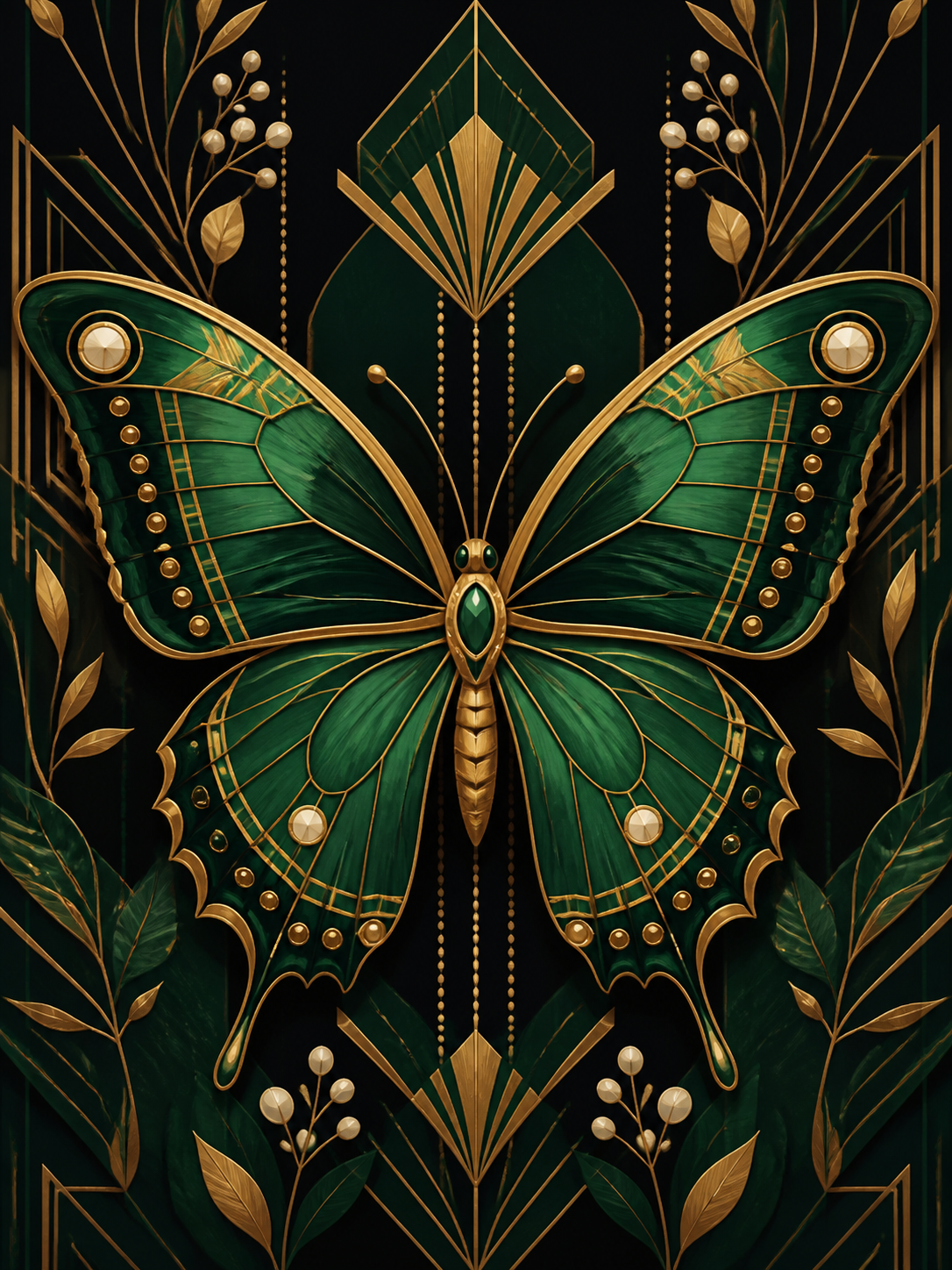 Diamond painting ontwerp met smaragden vlinder in decoratieve goudstijl