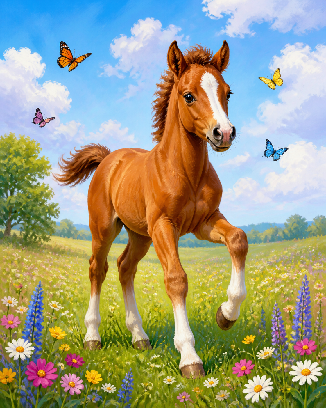 Diamond Painting Speels Veulen met Vlinders – een speels veulen tussen bloemen en vlinders