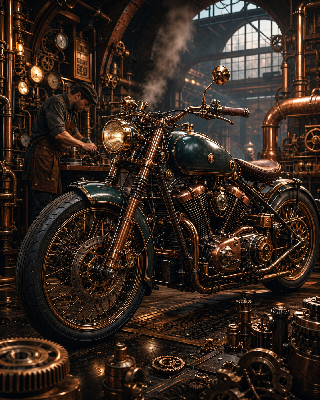 Diamond Painting Steampunk Motorwerkplaats – een originele merkloze motor in een werkplaats vol koperen tandwielen, buizen en zacht stoomlicht