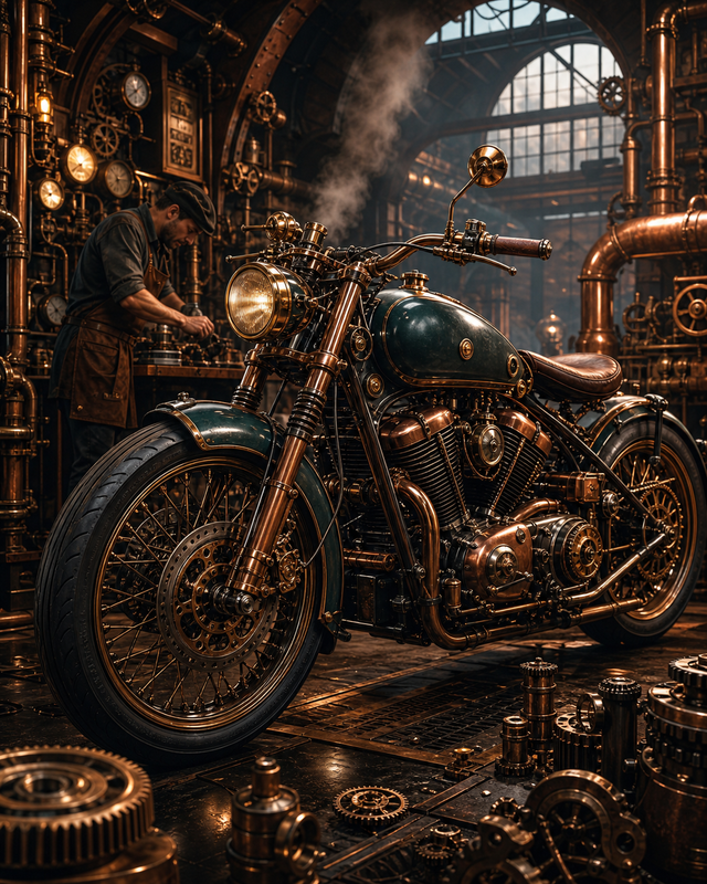 Diamond Painting Steampunk Motorwerkplaats – een originele merkloze motor in een werkplaats vol koperen tandwielen, buizen en zacht stoomlicht