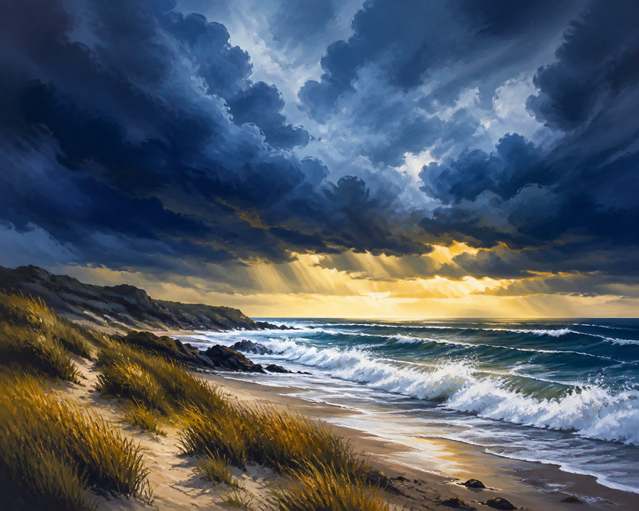 Diamond painting ontwerp met stormlucht boven de kust