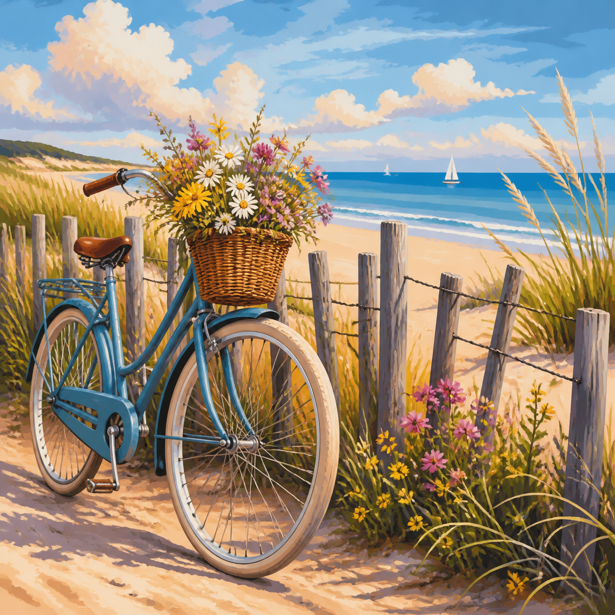 Diamond painting ontwerp met strandfiets bij het duinhek