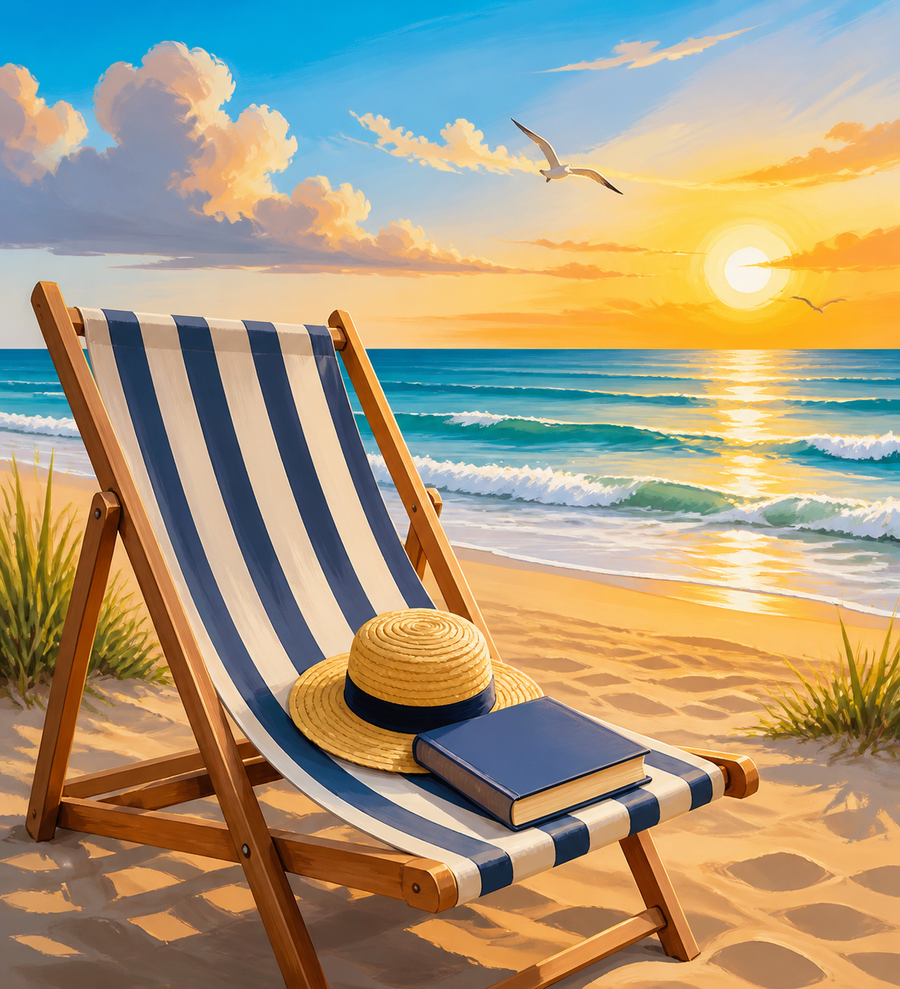 Diamond painting ontwerp met strandstoel met boek aan zee